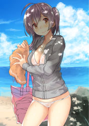 Rule 34 | 10s, 1girl, ahoge, b-ginga, bag, beach, bikini, bikini under clothes, blue sky, breasts, brown eyes, cleavage, cloud, cloudy sky, day, hagikaze (kancolle), jacket, kantai collection, large breasts, long hair, long sleeves, looking at viewer, ocean, outdoors, purple hair, rock, sand, see-through, side ponytail, skindentation, sky, smile, solo, swimsuit, towel, water, wet, white bikini