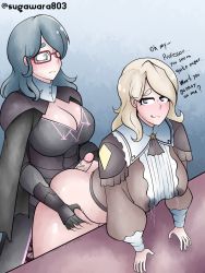 Rule 34 | 2girls, all fours, ass, blonde hair, blue hair, breasts, buttjob, byleth (female) (fire emblem), byleth (fire emblem), clothed sex, dark blue hair, english text, fire emblem, fire emblem: three houses, fire emblem warriors, fire emblem warriors: three hopes, futa with female, futanari, glasses, grabbing, grabbing from behind, heart, heart-shaped pupils, highres, huge breasts, imminent penetration, lactation, lactation through clothes, long hair, mercedes von martritz, multiple girls, nintendo, open clothes, smile, sugawara, symbol-shaped pupils, table, thick thighs, thighs, tongue, tongue out