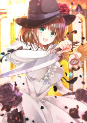 Rule 34 | 1girl, assassin (lostbelt), black bow, black hat, blush, bow, breasts, brown flower, brown hair, brown rose, brown wings, center frills, charlotte corday (fate), charlotte corday (third ascension) (fate), dress, fate/grand order, fate (series), feathered wings, flower, frills, green eyes, hair between eyes, halo, hat, hat flower, head tilt, highres, holding, holding knife, iroha (shiki), juliet sleeves, knife, large breasts, long hair, long sleeves, looking at viewer, petals, puffy sleeves, red flower, red rose, rose, solo, white dress, wings