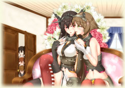 Rule 34 | 10s, 5girls, bare shoulders, black hair, blush, breasts, brown hair, couch, door, elbow gloves, closed eyes, flower, gloves, hair ornament, hairband, headgear, ikazuchi (kancolle), inazuma (kancolle), k2-atelier, kaga (kancolle), kantai collection, lily (flower), long hair, multiple girls, mutsu (kancolle), nagato (kancolle), navel, red eyes, short hair, skirt, small breasts, thighhighs, yuri