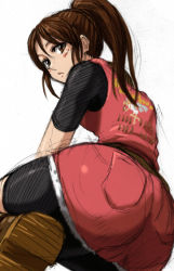 Rule 34 | 1girl, ass, back, bike shorts, blush, boots, brown eyes, brown hair, claire redfield, from behind, looking back, minarai zouhyou, ponytail, resident evil, resident evil 2, shorts, solo, spandex
