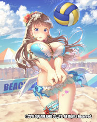 Rule 34 | 1girl, ball, beach volleyball, bikini, blue bikini, blue sky, blunt bangs, braid, breast lift, breasts, brown hair, character request, clenched hands, cloud, crowd, day, earrings, flower, frilled bikini, frills, hair flower, hair ornament, heart, hibiscus, hibiscus hair ornament, huge breasts, inconvenient breasts, jewelry, looking at viewer, necklace, official art, outdoors, photoshop (medium), playing sports, purple eyes, sky, solo focus, standing, swimsuit, thigh strap, tomiwo, venus rumble, volleyball, volleyball (object), watermark