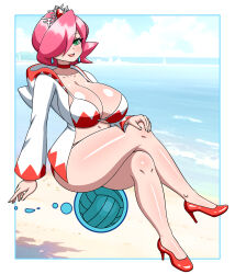 Rule 34 | 1girl, absurdres, ball, beach, bikini, blue border, border, breasts, choker, cleavage, collarbone, crossed legs, dress, earrings, energy, eyelashes, final fantasy, fingernails, floating, green eyes, hair over one eye, hand on own knee, high heels, highres, hood, hood down, hooded dress, jewelry, large breasts, levitation, lips, long sleeves, looking at viewer, magic, mario (series), mario sports mix, microdress, navel, nintendo, no socks, ocean, open clothes, open dress, open hand, open mouth, outdoors, pink hair, red bikini, red choker, red dress, red footwear, shiny skin, short hair, sitting, sitting on ball, smile, solo, swimsuit, thighs, tiara, two-tone bikini, two-tone dress, volleyball (object), water, white bikini, white border, white dress, white mage (final fantasy), yensh
