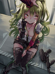 Rule 34 | 1girl, aamond, absurdres, between legs, black gloves, blush, breasts, calico light weapons systems, calico m950, calico m950a, cheek pistol, double-stack magazine, girls&#039; frontline, gloves, green hair, gun, hair between eyes, hand between legs, handgun, headpat, helical magazine, high-capacity magazine, highres, holding, long hair, looking at viewer, m950a (girls&#039; frontline), machine pistol, medium breasts, messy hair, pistol, scratching cheek, shirt, sidelocks, skirt, smile, stubby grip, thighhighs, twintails, two side up, vertical forward grip, weapon, yellow eyes