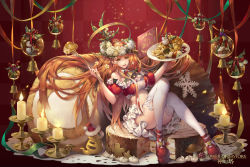 Rule 34 | 1girl, 909 (kagetsu99), bell, breasts, brown eyes, brown hair, cake, candle, candlestand, candy, christmas, convenient leg, copyright name, doily, food, fork, halo, head wreath, highres, holding, holding fork, holding plate, holly, long hair, looking at viewer, medium breasts, merry christmas, midriff, neck bell, official art, plate, red background, red footwear, short sleeves, sitting, snow globe, snowflakes, sweets, thighhighs, tower of saviors, very long hair