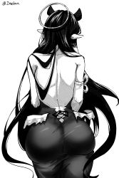 Rule 34 | 1girl, absurdres, ass, back, back focus, commentary, detached sleeves, english commentary, floating hair, from behind, greyscale, halo, highres, hololive, hololive english, long hair, low wings, monochrome, ninomae ina&#039;nis, o22no, pointy ears, single detached sleeve, solo, very long hair, virtual youtuber, white background, wings