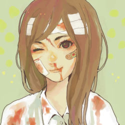Rule 34 | bad id, bad pixiv id, bandages, blood, brown hair, commentary, dress shirt, honenoumi, injury, long hair, nosebleed, red eyes, shirt, smile, translated, white shirt, wink