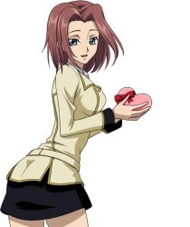 Rule 34 | 1girl, blue eyes, box, breasts, candy, chocolate, chocolate heart, code geass, food, gift, gift box, happy valentine, heart, heart-shaped box, holding, holding gift, kouzuki kallen, looking at viewer, red hair, school uniform, short hair, simple background, smile, solo, super robot wars, super robot wars x-omega, valentine, white background