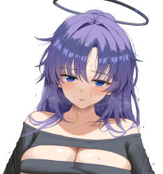 Rule 34 | 1girl, absurdres, alternate costume, black sweater, blue archive, blue eyes, breasts, cleavage, collarbone, dubeaduver, halo, highres, large breasts, long hair, mechanical halo, messy hair, purple hair, simple background, solo, sweat, sweater, upper body, white background, yuuka (blue archive)