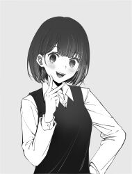 Rule 34 | 1girl, absurdres, arima kana, black hair, black sweater vest, blush, bob cut, grey background, greyscale, happy, highres, inverted bob, light blush, looking at viewer, monochrome, open mouth, oshi no ko, shirt, short hair, simple background, smile, solo, sweater vest, upper body, v, watchmen-001, white shirt