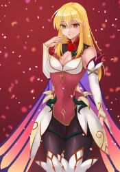 Rule 34 | 1girl, absurdres, alternate costume, bare shoulders, black leggings, blonde hair, boots, breasts, cape, cecilia (fire emblem), cecilia (fire emblem) (cosplay), cecilia (resplendent) (fire emblem), cleavage, commission, cosplay, covered navel, dress, elbow gloves, falling petals, fire emblem, fire emblem: genealogy of the holy war, fire emblem: the binding blade, fire emblem heroes, flower, full body, gloves, gold trim, gradient clothes, hand on own face, hazuki (nyorosuke), high heel boots, high heels, highres, lachesis (fire emblem), leggings, long hair, looking at viewer, medium breasts, nintendo, overskirt, pelvic curtain, petals, plant, red background, short dress, simple background, skeb commission, sleeveless, solo, standing, thigh boots, thorns, vines, yellow eyes