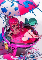 Rule 34 | 1boy, 1girl, barefoot, bucket, clothes on floor, green eyes, ink, inkblot, inkling, inkling boy, inkling girl, inkling player character, jpeg artifacts, looking at viewer, md5 mismatch, nintendo, nude, pink eyes, pointy ears, resized, resolution mismatch, shimizu eiichi, shoes, sneakers, source larger, splatoon (series), splatoon 1, splattershot, splattershot (splatoon), splattershot jr (splatoon), tentacle hair, umbrella