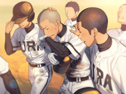 Rule 34 | 5boys, adjusting clothes, adjusting headwear, baseball helmet, baseball uniform, belt, black undershirt, crying, dirty, dirty clothes, closed eyes, faceless, faceless male, gloves, hand on another&#039;s head, hand on shoulder, helmet, holding, holding helmet, lens flare, male focus, multiple boys, original, shaved head, sportswear, tettabuzz, white gloves
