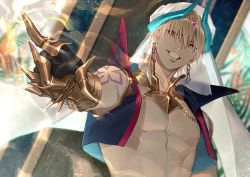Rule 34 | 1boy, arabian clothes, bishounen, blonde hair, earrings, fate/grand order, fate (series), feet out of frame, gilgamesh, gilgamesh (caster) (fate), gilgamesh (fate), gloves, hat, jewelry, kiki (re 6xxx), looking at viewer, male focus, muscular, muscular male, nipples, open mouth, red eyes, short hair, shoulder tattoo, smile, solo, tattoo, upper body