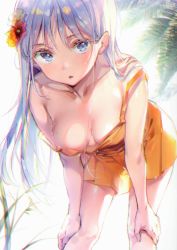 Rule 34 | 1girl, absurdres, bare arms, bare shoulders, blue eyes, blue hair, breasts, chromatic aberration, cleavage, collarbone, dress, dsmile, fingernails, flower, hair flower, hair ornament, highres, leaning forward, long hair, looking at viewer, medium breasts, mole, mole on breast, off shoulder, open mouth, orange dress, original, scan, shiny skin, short dress, simple background, solo, water drop, wet