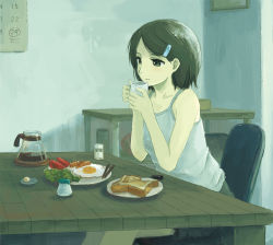 Rule 34 | 1girl, black eyes, black hair, bread slice, calendar (object), chair, coffee, cup, egg, egg (food), feet out of frame, food, hair ornament, hairclip, holding, holding cup, indoors, kensight328, md5 mismatch, original, plate, resolution mismatch, sausage, shadow, short hair, sitting, smile, solo, source larger, sunny side up egg, table, toast