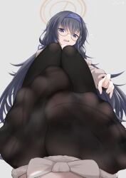 Rule 34 | 1girl, absurdres, black hair, black pantyhose, blue archive, blue eyes, blue headband, embarrassed, feet, foot focus, glasses, grey background, halo, headband, highres, j.c.14, long hair, pantyhose, simple background, soles, solo, sweater, toes, ui (blue archive), wavy mouth