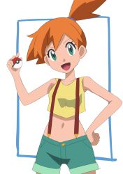 Rule 34 | 1girl, :d, commentary request, cowboy shot, creatures (company), eyelashes, game freak, green eyes, green shorts, hainchu, hand on own hip, hand up, happy, highres, holding, holding poke ball, looking at viewer, misty (pokemon), navel, nintendo, one side up, open mouth, orange hair, poke ball, pokemon, pokemon (anime), pokemon (classic anime), shirt, short hair, shorts, sleeveless, sleeveless shirt, smile, solo, suspenders, tongue, yellow shirt