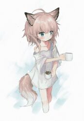 Rule 34 | 1girl, ahoge, animal ears, arknights, blush, closed mouth, cropped legs, cup, fox ears, fox girl, fox tail, hair between eyes, highres, holding, holding cup, light brown hair, mug, off shoulder, reitoubeef, shirt, short hair with long locks, short sleeves, simple background, solo, sussurro (arknights), tail, white shirt, wide sleeves