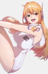 Rule 34 | 1girl, :d, ass, breasts, commentary, dress, grey background, headphones, highres, hooded leotard, large breasts, leotard, long hair, looking at viewer, nami (one piece), nami (one piece) (egghead), one piece, open mouth, orange eyes, orange hair, reulem, revealing clothes, shiny skin, shoulder tattoo, simple background, sleeveless, sleeveless dress, smile, solo, tattoo, teeth, thighs, upper teeth only, very long hair, white dress, white leotard, wide hips