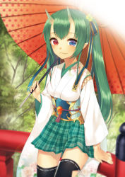 Rule 34 | 1girl, black thighhighs, blue eyes, blurry, depth of field, fang, floral print, green hair, heterochromia, horns, japanese clothes, long hair, midorikawa you, obi, oil-paper umbrella, oni horns, original, plaid, plaid skirt, pleated skirt, pointy ears, red eyes, sash, sitting, skirt, smile, solo, thighhighs, tree, twintails, umbrella, zettai ryouiki