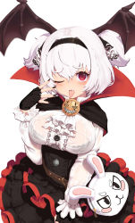 Rule 34 | 1girl, :p, absurdres, alvis (last origin), animal bag, bad id, bad pixiv id, black nails, blush, bra, breasts, brooch, dress, fang, fingerless gloves, gloves, gothic lolita, greentree, hair between eyes, hairband, head wings, highres, jewelry, large breasts, last origin, lolita fashion, looking at viewer, nail polish, one eye closed, oppai loli, rabbit bag, red eyes, see-through, simple background, solo, tongue, tongue out, two side up, underwear, white background, white hair, wings