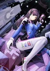 Rule 34 | 1girl, bodysuit, breasts, brown eyes, brown hair, d.va (overwatch), facial mark, gloves, gun, hd-hlh-3h, headphones, holding, holding gun, holding weapon, long hair, looking at viewer, overwatch, overwatch 1, sitting, small breasts, solo, weapon, white gloves