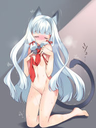 Rule 34 | 10s, 1girl, 3:, animal ears, barefoot, blush, bottomless, bow, cat ears, closed eyes, hair bow, hair ornament, hair ribbon, kantai collection, kemonomimi mode, kneeling, long hair, looking at viewer, murakumo (kancolle), navel, pixiv sample, rei (rei&#039;s room), ribbon, solo, sweat, tail, tearing up, tears, topless, torn clothes, trembling, very long hair, white hair