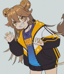 Rule 34 | 1girl, black jacket, black shorts, blue shirt, brown eyes, brown hair, claw pose, commentary request, double bun, earrings, gradient shirt, grey background, grin, hair between eyes, hair bun, highres, jacket, jewelry, leaning forward, lion tail, long hair, long sleeves, looking at viewer, nail polish, open clothes, open jacket, orange nails, puffy long sleeves, puffy sleeves, purple shirt, re:act, shirt, shishigami leona, short shorts, shorts, simple background, sirataki umauma, sleeves past wrists, smile, solo, standing, star (symbol), tail, v-shaped eyebrows, very long hair, virtual youtuber