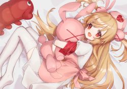 Rule 34 | 1girl, apron, bandaged arm, bandages, bed sheet, blush, hair ornament, hat, heart, holding, holding stuffed toy, light brown hair, long hair, looking at viewer, lying, miniskirt, natori sana, no shoes, nurse cap, on bed, on side, open mouth, pink apron, pink hat, pleated skirt, puffy short sleeves, puffy sleeves, rabbit hair ornament, red eyes, sana channel, short sleeves, skirt, smile, solo, stuffed animal, stuffed rabbit, stuffed shrimp, stuffed toy, thighhighs, two side up, virtual youtuber, white skirt, zettai ryouiki, zumi tiri