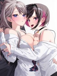Rule 34 | 2girls, armpit crease, asymmetrical docking, bare shoulders, black choker, black hair, black hairband, black nails, blush, breast press, breasts, brown hair, chigusa minori, choker, cleavage, commentary request, dress shirt, dutch angle, hairband, hand on another&#039;s arm, hand on another&#039;s back, highres, large breasts, long sleeves, looking at viewer, lying, multicolored hair, multicolored nails, multiple girls, nail polish, off shoulder, on back, on person, open clothes, open shirt, parted lips, pendant choker, pink eyes, purple eyes, red hair, saotome shino (shino to ren), school uniform, shino to ren, shirayuki ren, shirt, short hair, sidelocks, simple background, sleeves past wrists, small breasts, spaghetti strap, swept bangs, tongue, tongue out, two-tone hair, white background, white shirt, yuri