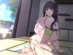 Rule 34 | 1girl, arm support, blue sky, blunt bangs, blush, cloud, day, hair over shoulder, hair ribbon, highres, indoors, japanese clothes, kimono, long hair, looking at viewer, obi, open mouth, original, plate, ribbon, rock, sash, shelf, sky, smile, socks, solo, takeko spla, tatami, tree, white socks, wide sleeves