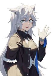 Rule 34 | 1girl, absurdres, animal ears, arknights, black coat, black dress, breasts, buttons, coat, cowboy shot, dress, gloves, grey eyes, grey gloves, grey hair, hair between eyes, hand up, highres, lappland (arknights), lappland (refined horrormare) (arknights), long hair, long sleeves, looking at viewer, lower teeth only, medium breasts, natoriusu sansei, official alternate costume, open clothes, open coat, open mouth, scar, scar across eye, simple background, smile, solo, teeth, very long hair, waving, white background, wolf ears