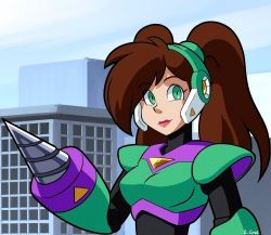 Rule 34 | 1girl, archie comics, breasts, brown hair, building, capcom, day, drill, green eyes, helmet, joints, lipstick, makeup, mega man (classic), mega man (series), quake woman, robot, robot joints, solo, twintails