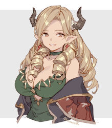 Rule 34 | 1girl, blonde hair, breasts, brown eyes, choker, cleavage, clothing cutout, commentary, dangle earrings, draph, dress, drill hair, earrings, granblue fantasy, green choker, green dress, highres, horns, jewelry, large breasts, long coat, looking at viewer, maria theresa (granblue fantasy), pointy ears, pota (bluegutty), quad drills, solo, underboob cutout