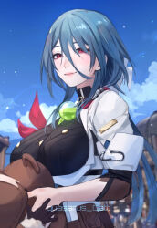 Rule 34 | 1girl, blue hair, blue sky, blush, breasts, child, closed mouth, cloud, day, gloves, hair between eyes, highres, honkai: star rail, honkai (series), hook (honkai: star rail), jacket, large breasts, long hair, long sleeves, looking at viewer, low ponytail, mintmoon belle, mole, mole under mouth, multiple girls, natasha (honkai: star rail), outdoors, purple eyes, sky, smile, stuffed animal, stuffed toy, teddy bear