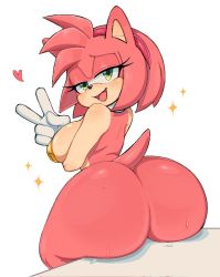 Rule 34 | 1girl, amy rose, animal ears, animal nose, ass, blush, breasts, furry, furry female, gloves, green eyes, hairband, hedgehog ears, hedgehog girl, hedgehog tail, huge ass, ichig8miruku, large breasts, looking at viewer, looking back, open mouth, pink fur, pink hair, red hairband, short hair, smile, solo, sonic (series), tail, thick thighs, thighs, white gloves, wide hips
