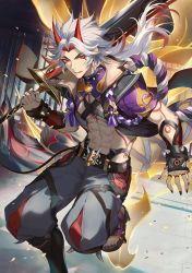 Rule 34 | 1boy, abs, arataki itto, darkavey, demon horns, fangs, genshin impact, highres, holding, holding weapon, horns, long hair, looking at viewer, open mouth, ponytail, red eyes, sandals, solo, standing, sword, vision (genshin impact), weapon, white hair