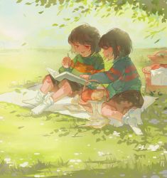 Rule 34 | 2others, androgynous, apple, basket, blanket, blue sweater, brown hair, brown shorts, chara (undertale), child, chinese commentary, closed eyes, commentary request, day, feisekong286, food, frisk (undertale), fruit, full body, grass, green sweater, highres, holding, holding notebook, holding pen, leaf, long sleeves, multiple others, notebook, open mouth, outdoors, pen, picnic, picnic basket, red eyes, short hair, shorts, sitting, smile, socks, sweater, turtleneck, turtleneck sweater, undertale, white socks, yokozuwari