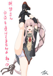 Rule 34 | 1girl, black footwear, black gloves, black jacket, boots, brown eyes, commentary request, cowboy shot, gloves, grey sailor collar, grey skirt, hair flaps, highres, jacket, kantai collection, knee boots, long hair, neck ribbon, panties, partially fingerless gloves, pink hair, pleated skirt, ponytail, red ribbon, ribbon, sailor collar, school uniform, serafuku, short sleeves, simple background, skirt, solo, split, standing, standing on one leg, standing split, t2r, translation request, underwear, very long hair, white background, white panties, yura (kancolle), yura kai ni (kancolle)