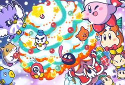 Rule 34 | backwards hat, baseball cap, beanie, bell, bird, blue hat, bow, bowtie, chilly (kirby), commentary request, coo (kirby), fish, flying sweatdrops, gift, gooey (kirby), hat, kine (kirby), kirby, kirby (series), nintendo, no humans, official art, owl, red neckwear, rick (kirby), santa costume, santa hat, scarfy, sweatdrop, video camera, waddle dee, waddle doo, whispy woods