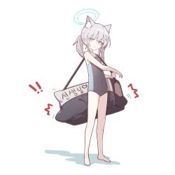 Rule 34 | 1girl, absurdres, bag, barefoot, blue archive, blue eyes, commentary request, eyes visible through hair, grey hair, hair between eyes, halo, highres, looking at viewer, low twintails, medium hair, mismatched pupils, mmhomm, official alternate costume, parted lips, school swimsuit, shiroko (blue archive), shiroko (swimsuit) (blue archive), shoulder bag, sidelocks, simple background, sleeveless, solo, swimsuit, translation request, twintails, white background