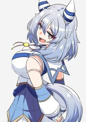 Rule 34 | 1girl, absurdres, akkunz, animal ears, arms behind back, arms up, bare shoulders, blush, breasts, brown eyes, clothing cutout, commentary request, detached sleeves, fang, from behind, grey hair, hair ornament, highres, hishi miracle (umamusume), horse ears, horse girl, horse tail, looking at viewer, medium breasts, open mouth, simple background, smile, solo, tail, tail through clothes, umamusume, white background