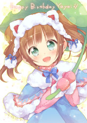 Rule 34 | 10s, 1girl, animal ears, blue dress, brown hair, capelet, cat ears, dress, ech, fake animal ears, green eyes, happy birthday, idolmaster, idolmaster (classic), idolmaster cinderella girls, leaf umbrella, long sleeves, looking at viewer, mittens, open mouth, smile, solo, takatsuki yayoi, twintails, winter clothes