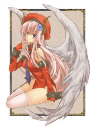 Rule 34 | 1girl, alice soft, bare shoulders, blue eyes, breasts, detached sleeves, framed, hair ornament, hat, horns, la hawzel, long hair, necktie, rance (series), solo, text focus, thighhighs, thighs, to-masu, touyama (terada), wings