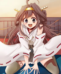 Rule 34 | 10s, 1girl, bare shoulders, black thighhighs, blush, boots, brown hair, detached sleeves, double bun, hair bun, hair ornament, hairband, headgear, japanese clothes, kantai collection, kongou (kancolle), long hair, nontraditional miko, open mouth, personification, ryokka, sitting, skirt, smile, solo, tatami, thigh boots, thighhighs, wariza