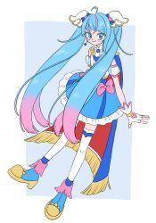 Rule 34 | 1girl, ahoge, blue cape, blue eyes, blue hair, bow, brooch, cape, cure sky, detached sleeves, dress, earrings, fingerless gloves, fringe trim, gloves, highres, hirogaru sky! precure, jewelry, long hair, magical girl, melon hamburg bentou, multicolored hair, precure, puffy detached sleeves, puffy sleeves, single sidelock, smile, solo, sora harewataru, thighhighs, twintails, two-sided cape, two-sided fabric, white gloves, wing brooch, wing hair ornament