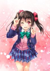 Rule 34 | 10s, 1girl, ;d, black hair, blazer, blue skirt, blush, bow, bowtie, cardigan, double m/, green bow, green bowtie, hair between eyes, hair bow, highres, jacket, long hair, long sleeves, looking at viewer, love live!, love live! school idol project, m/, miniskirt, nico nico nii, one eye closed, open mouth, pink bow, plaid, plaid skirt, pleated skirt, red bow, red eyes, sato-pon, school uniform, skirt, smile, solo, striped bow, striped bowtie, striped clothes, striped neckwear, twintails, twitter username, yazawa nico