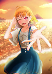 Rule 34 | 1girl, artist name, artist request, beach, blue skirt, blush, bow, bracelet, cloud, collarbone, female focus, hair bow, hair ornament, hairclip, highres, jewelry, looking at viewer, love live!, love live! school idol festival, love live! sunshine!!, masa sevenred, masakazu yamato, mountain, ocean, one eye closed, orange hair, orange sky, outdoors, parted lips, playing with own hair, reaching, reaching towards viewer, red eyes, shirt, short hair, skirt, sky, smile, solo, takami chika, white shirt, yamato masakazu, yellow bow