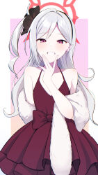 Rule 34 | 1girl, absurdres, black scrunchie, blue archive, blush, cac itinose, dress, earrings, fingernails, grey hair, grin, hair ornament, hair scrunchie, halo, highres, jewelry, long hair, looking at viewer, mutsuki (blue archive), mutsuki (dress) (blue archive), official alternate costume, one side up, pink eyes, pointy ears, red dress, red halo, scrunchie, sleeveless, sleeveless dress, smile, solo, white fur